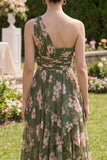 Vestido Maxi verde oscuro, floral y rizado con volantes y abertura