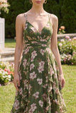 Vestido Midi de línea verde oscuro con flecos en pico floral verde oscuro