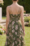 Vestido Midi de línea verde oscuro con flecos en pico floral verde oscuro