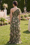 Vestido Maxi de mangas con volantes de la línea A verde oscuro floral A