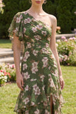 Vestido Maxi de mangas con volantes de la línea A verde oscuro floral A