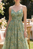 Vestido Maxi de tirantes finos verde polvoriento con franzas florales A Line