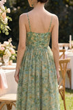 Vestido Maxi de tirantes finos verde polvoriento con franzas florales A Line