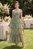 Corsé A String Sin tirantes A Tooth Dusty Flower Dress con volantes y volantes verde polvoriento