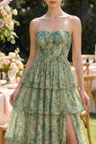 Corsé A String Sin tirantes A Tooth Dusty Flower Dress con volantes y volantes verde polvoriento