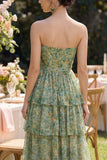 Corsé A String Sin tirantes A Tooth Dusty Flower Dress con volantes y volantes verde polvoriento