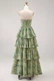 Corsé A String Sin tirantes A Tooth Dusty Flower Dress con volantes y volantes verde polvoriento
