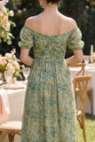 Vestido Maxi verde polvoriento de mangas abullonadas florales Línea A con abertura