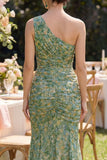 Vestido largo largo floral de un hombro de sirena verde polvoriento y fruncido