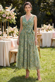 Vestido midi verde polvoriento de escote en V con escote en V y línea A con lazo