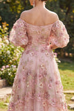 Vestido largo floral largo de tul con aplicaciones en tul y mangas abullonadas de hombros en rosa fucsia