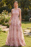 Vestido largo floral de un hombro en tul rosa fucsia en línea A