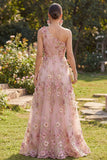 Vestido largo floral de un hombro en tul rosa fucsia en línea A