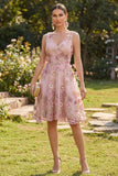 Vestido Midi floral apliqueado con escote en V de tul rosa fucsia en línea A