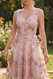 Vestido Midi floral apliqueado con escote en V de tul rosa fucsia en línea A