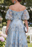 Vestido midi floral de tul con abalorios de tul azul aplicado y con abalorios