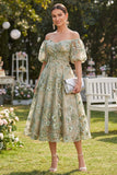 Vestido midi floral de tul con abalorios de tul azul aplicado y con abalorios