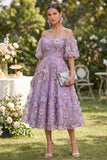 Vestido midi floral de tul con abalorios de tul azul aplicado y con abalorios