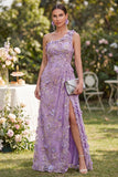 Vestido largo floral con estreno de tul lila lila de un hombro aplicado con cuentas y abertura