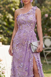Vestido largo floral con estreno de tul lila lila de un hombro aplicado con cuentas y abertura