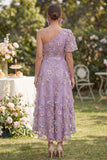 Vestido midi floral midi con abalorios de tul y línea A de un hombro con cuentas y lazo