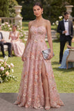 Vestido floral largo con cuentas aplicado en tul rosa naranja y abertura