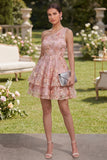 Mini vestido floral de tul con cuentas de un solo hombro rosa naranja