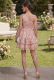 Mini vestido floral de tul con cuentas de un solo hombro rosa naranja