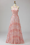 Vestido largo floral con collar de cuentas y tul rosa naranja A-line