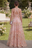 Vestido largo floral con collar de cuentas y tul rosa naranja A-line