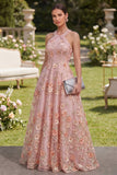Vestido largo floral con collar de cuentas y tul rosa naranja A-line
