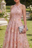 Vestido largo floral con collar de cuentas y tul rosa naranja A-line