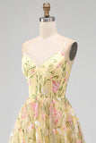 Corsé amarillo claro Bordado floral línea A Vestido de invitado Midi