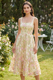 Vestido Midi de cuello cuadrado floral amarillo claro Línea A