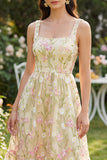 Vestido Midi de cuello cuadrado floral amarillo claro Línea A