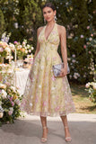 Vestidos midi florales midi con aplíquitas de línea A amarillo claro con capestro