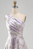 Vestido formal Maxi Jacquard de un hombro en línea A y fruncido color lavanda polvoriento