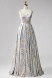 Vestido largo de jacquard azul grisáceo con escote en V, corte en A y diseño plisado