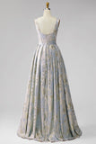 Vestido largo de jacquard azul grisáceo con escote en V, corte en A y diseño plisado