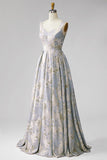 Vestido largo de jacquard azul grisáceo con escote en V, corte en A y diseño plisado