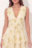 Vestido de graduación Mini A-Line Amarillo Floral con escote en V y volantes