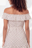 Mini vestido de graduación blanco blanco con volantes y volantes de puntos negros descubiertos con cinturón