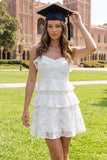 Mini vestido de graduación blanco floral en A-Line con volantes