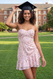 Mini vestido de graduación de lentejuelas rosa brillante en forma de lentejuelas en forma de A, con volantes