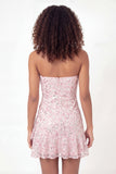 Mini vestido de graduación de lentejuelas rosa brillante en forma de lentejuelas en forma de A, con volantes