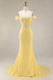 Corsé Sirena con encaje del hombro, vestido largo largo amarillo de baile