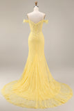 Corsé Sirena con encaje del hombro, vestido largo largo amarillo de baile