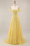 Vestido largo de graduación largo de corsé amarillo de encaje con línea de hombros en forma de A
