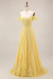 Vestido largo de graduación largo de corsé amarillo de encaje con línea de hombros en forma de A
