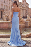 Vestido largo de graduación de graduación de perlas sin tirantes azul sirena de satén adornado